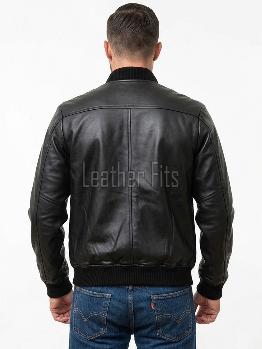 Men Black Premium Genuine Leather Bomber Jacket - Classic Rib Knit Baseball Collar Real Sheepskin Slim Fit Casual Smart Sleek Coat Men