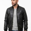 Men Black Premium Genuine Leather Bomber Jacket - Classic Rib Knit Baseball Collar Real Sheepskin Slim Fit Casual Smart Sleek Coat Men