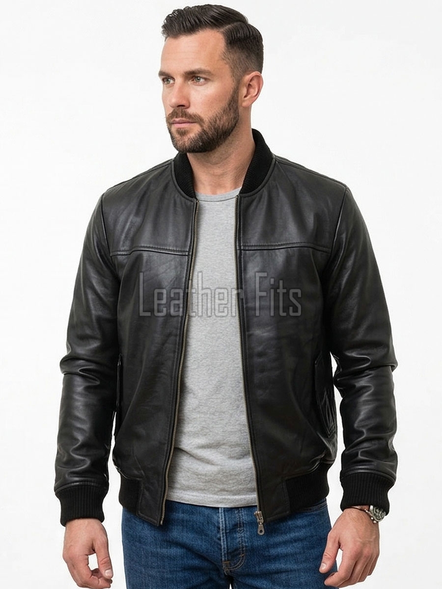 Men Black Premium Genuine Leather Bomber Jacket - Classic Rib Knit Baseball Collar Real Sheepskin Slim Fit Casual Smart Sleek Coat Men