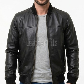Men Black Premium Genuine Leather Bomber Jacket - Classic Rib Knit Baseball Collar Real Sheepskin Slim Fit Casual Smart Sleek Coat Men