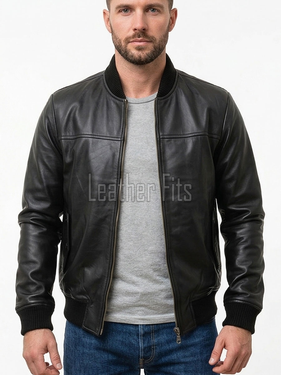 Men Black Premium Genuine Leather Bomber Jacket - Classic Rib Knit Baseball Collar Real Sheepskin Slim Fit Casual Smart Sleek Coat Men