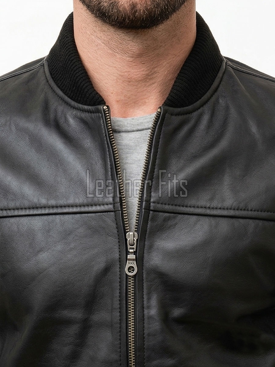 Men Black Premium Genuine Leather Bomber Jacket - Classic Rib Knit Baseball Collar Real Sheepskin Slim Fit Casual Smart Sleek Coat Men