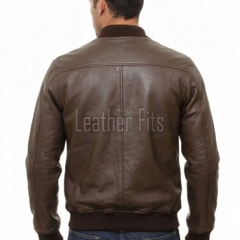 Men Brown Premium Genuine Leather Bomber Jacket - Classic Rib Knit Baseball Collar Real Sheepskin Slim Fit Casual Smart Sleek Coat Men