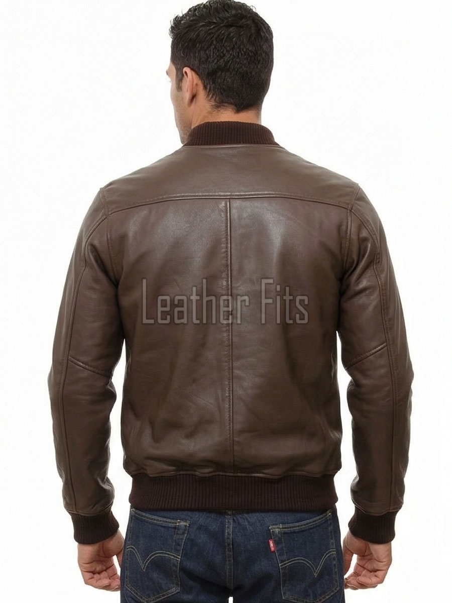 Men Brown Premium Genuine Leather Bomber Jacket - Classic Rib Knit Baseball Collar Real Sheepskin Slim Fit Casual Smart Sleek Coat Men