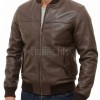 Men Brown Premium Genuine Leather Bomber Jacket - Classic Rib Knit Baseball Collar Real Sheepskin Slim Fit Casual Smart Sleek Coat Men