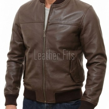 Men Brown Premium Genuine Leather Bomber Jacket - Classic Rib Knit Baseball Collar Real Sheepskin Slim Fit Casual Smart Sleek Coat Men