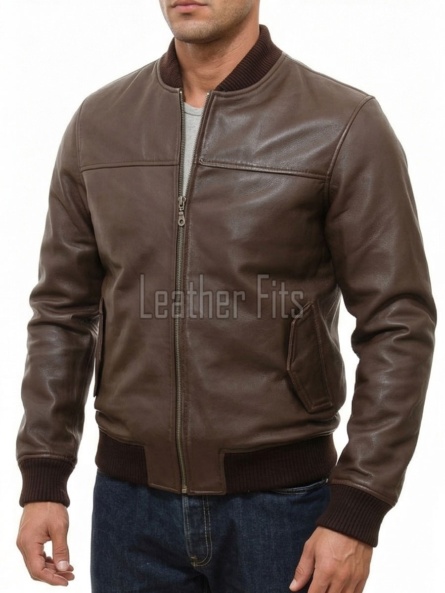 Men Brown Premium Genuine Leather Bomber Jacket - Classic Rib Knit Baseball Collar Real Sheepskin Slim Fit Casual Smart Sleek Coat Men