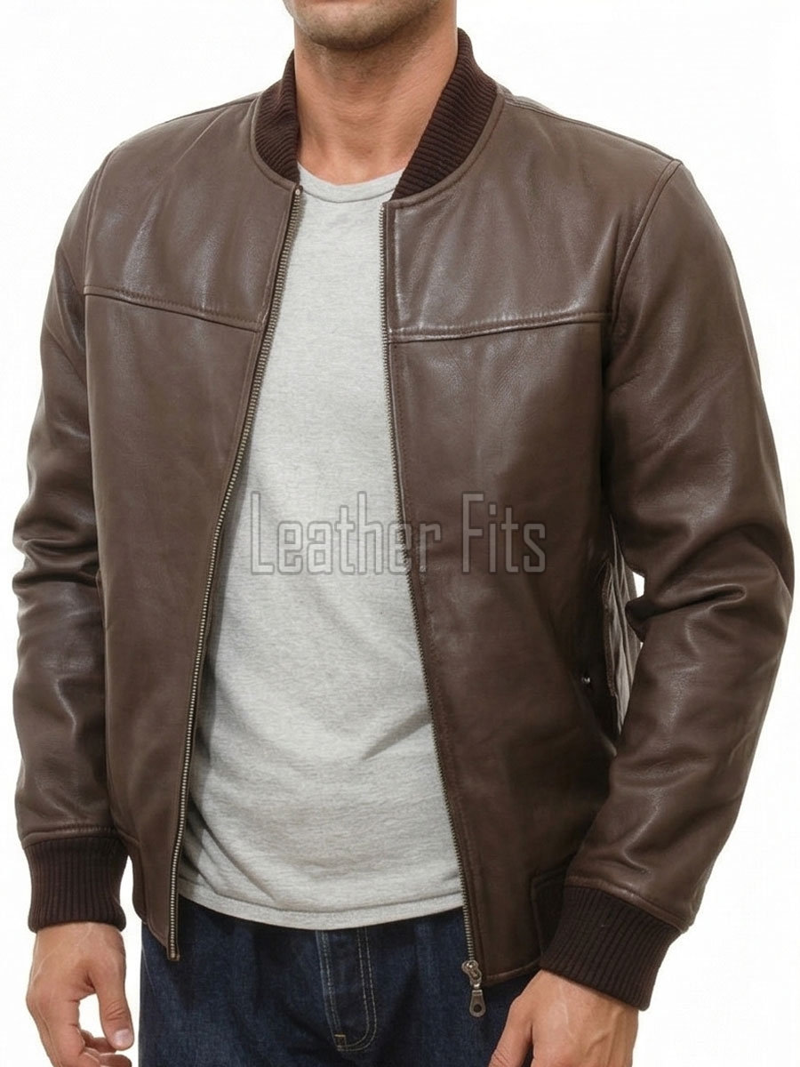 Men Brown Premium Genuine Leather Bomber Jacket - Classic Rib Knit Baseball Collar Real Sheepskin Slim Fit Casual Smart Sleek Coat Men
