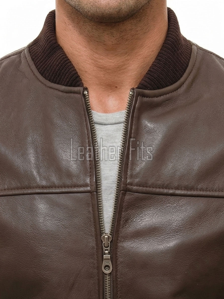 Men Brown Premium Genuine Leather Bomber Jacket - Classic Rib Knit Baseball Collar Real Sheepskin Slim Fit Casual Smart Sleek Coat Men