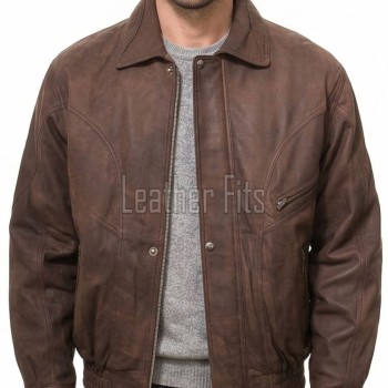 Men Distressed Brown Genuine Leather Jacket - Classic Shirt Collar Aviator Flight Bomber Premium Real Sheepskin Casual Outerwear Coat Men