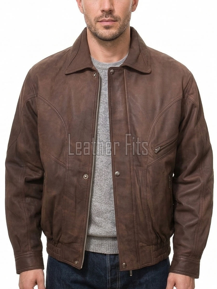 Men Distressed Brown Genuine Leather Jacket - Classic Shirt Collar Aviator Flight Bomber Premium Real Sheepskin Casual Outerwear Coat Men