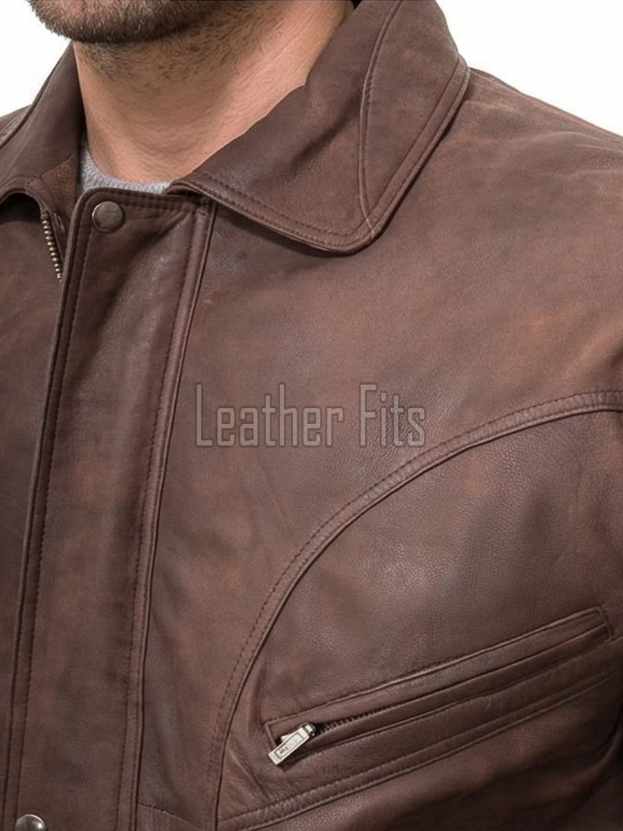 Men Distressed Brown Genuine Leather Jacket - Classic Shirt Collar Aviator Flight Bomber Premium Real Sheepskin Casual Outerwear Coat Men