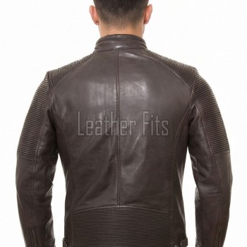 Men Dark Brown Premium Genuine Leather Jacket - Cafe Racer Biker Ribbed Padded Shoulders Slim Fit Real Sheepskin Casual Moto Coat Men