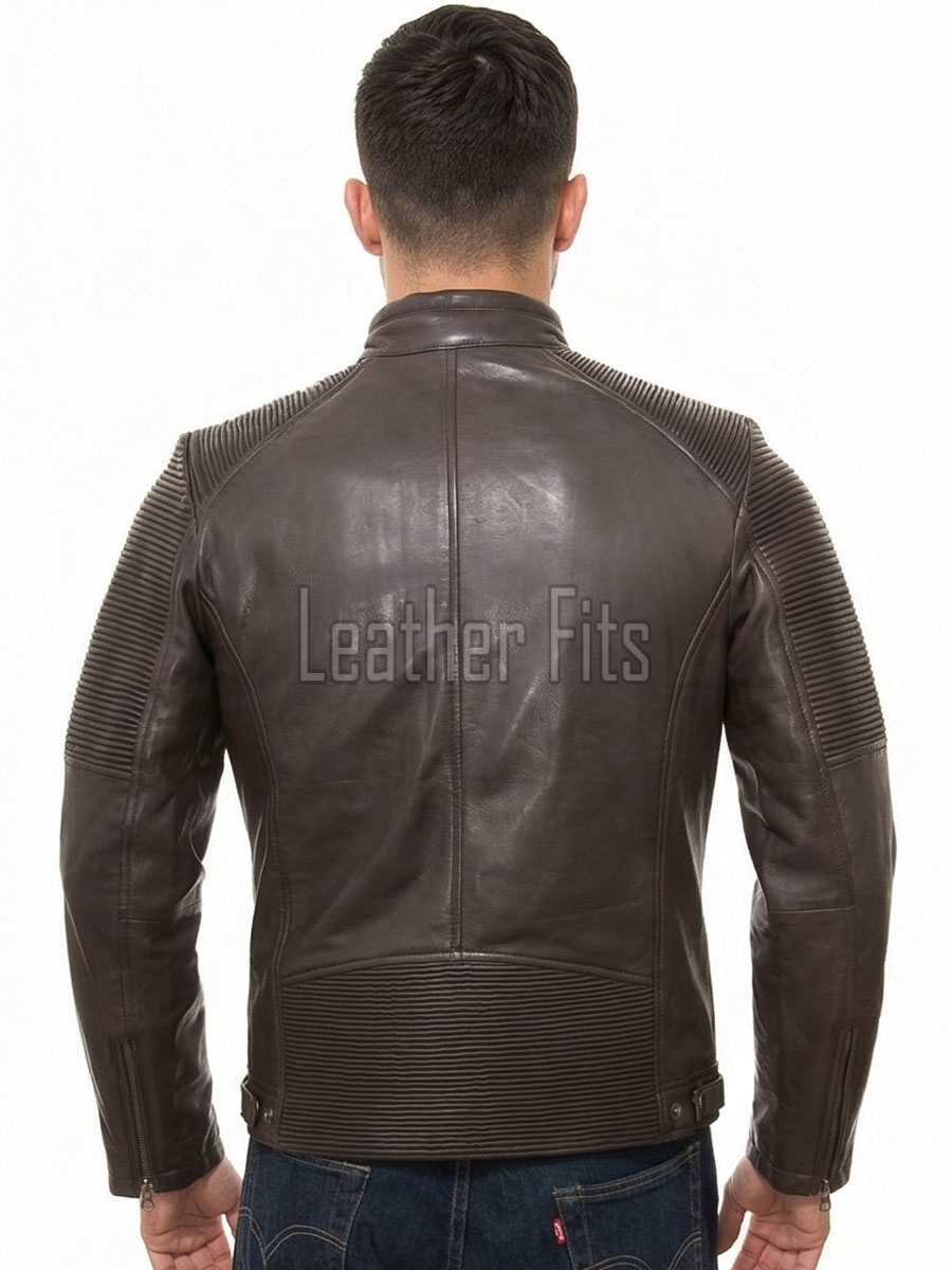 Men Dark Brown Premium Genuine Leather Jacket - Cafe Racer Biker Ribbed Padded Shoulders Slim Fit Real Sheepskin Casual Moto Coat Men
