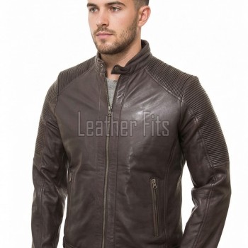 Men Dark Brown Premium Genuine Leather Jacket - Cafe Racer Biker Ribbed Padded Shoulders Slim Fit Real Sheepskin Casual Moto Coat Men