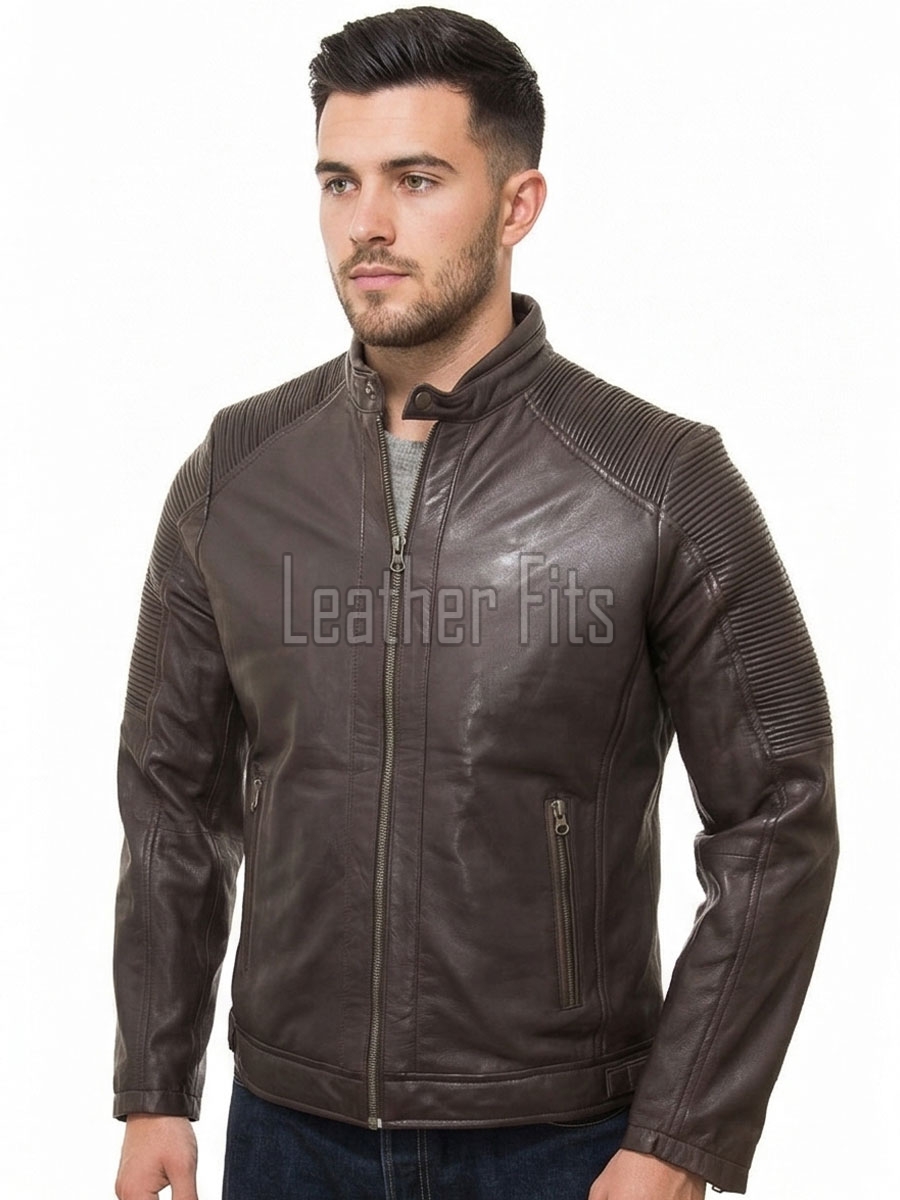 Men Dark Brown Premium Genuine Leather Jacket - Cafe Racer Biker Ribbed Padded Shoulders Slim Fit Real Sheepskin Casual Moto Coat Men