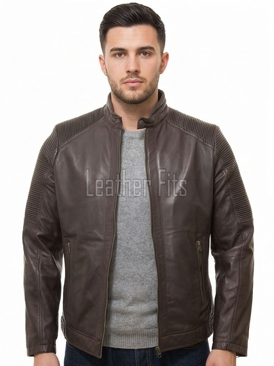 Men Dark Brown Premium Genuine Leather Jacket - Cafe Racer Biker Ribbed Padded Shoulders Slim Fit Real Sheepskin Casual Moto Coat Men