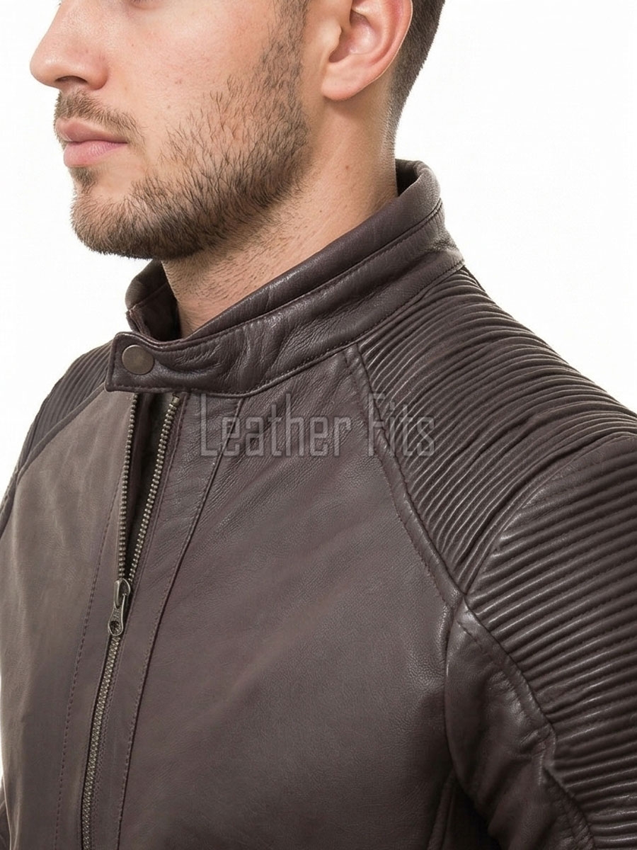 Men Dark Brown Premium Genuine Leather Jacket - Cafe Racer Biker Ribbed Padded Shoulders Slim Fit Real Sheepskin Casual Moto Coat Men