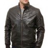 Men Black Premium Genuine Leather Bomber Jacket - Utility Flight Sleeve Pocket Low Band Stand Collar Sleek Premium Real Sheepskin Coat Men