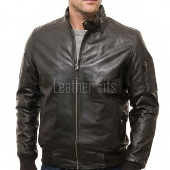 Men Black Premium Genuine Leather Bomber Jacket - Utility Flight Sleeve Pocket Low Band Stand Collar Sleek Premium Real Sheepskin Coat Men