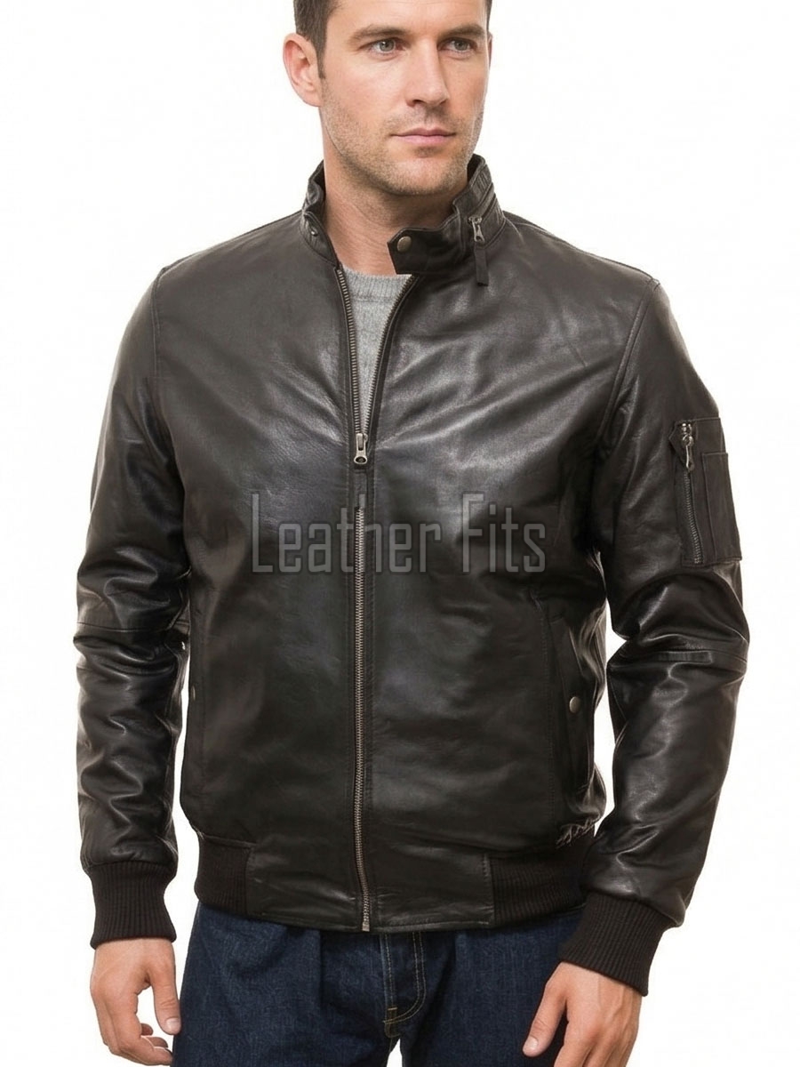 Men Black Premium Genuine Leather Bomber Jacket - Utility Flight Sleeve Pocket Low Band Stand Collar Sleek Premium Real Sheepskin Coat Men