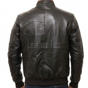 Men Black Premium Genuine Leather Bomber Jacket - Utility Flight Sleeve Pocket Low Band Stand Collar Sleek Premium Real Sheepskin Coat Men