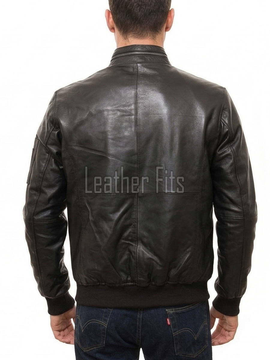 Men Black Premium Genuine Leather Bomber Jacket - Utility Flight Sleeve Pocket Low Band Stand Collar Sleek Premium Real Sheepskin Coat Men