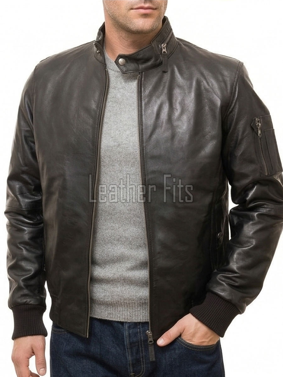 Men Black Premium Genuine Leather Bomber Jacket - Utility Flight Sleeve Pocket Low Band Stand Collar Sleek Premium Real Sheepskin Coat Men