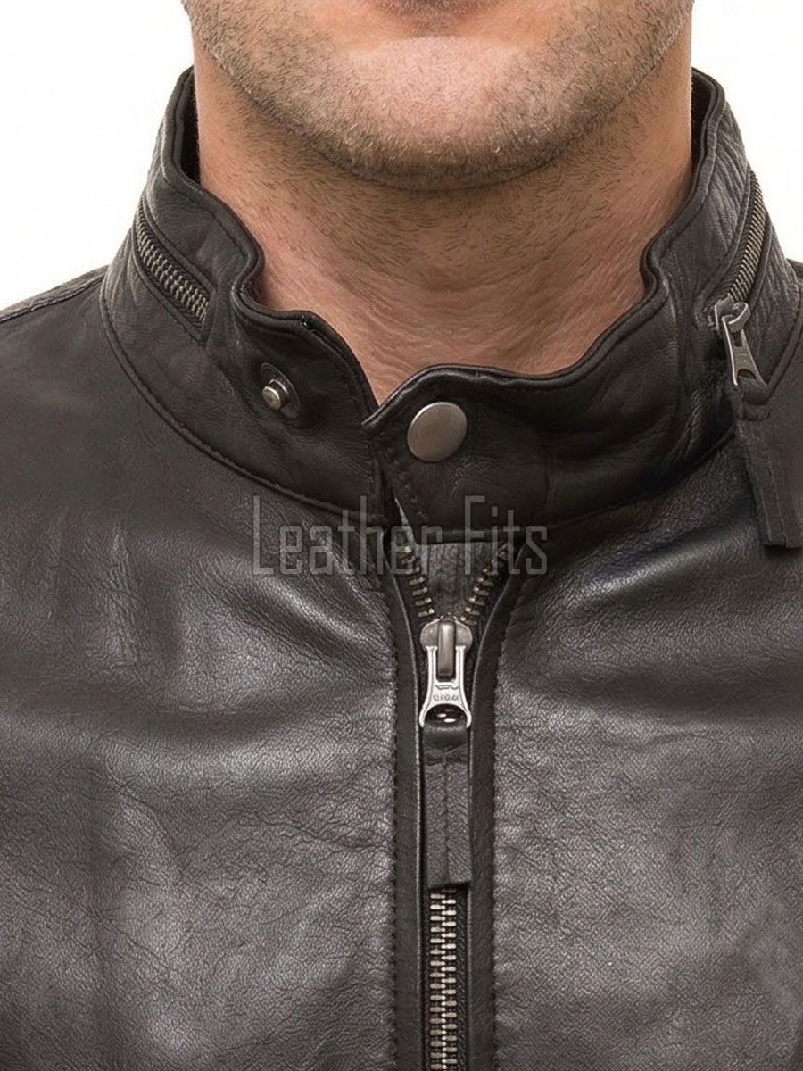 Men Black Premium Genuine Leather Bomber Jacket - Utility Flight Sleeve Pocket Low Band Stand Collar Sleek Premium Real Sheepskin Coat Men