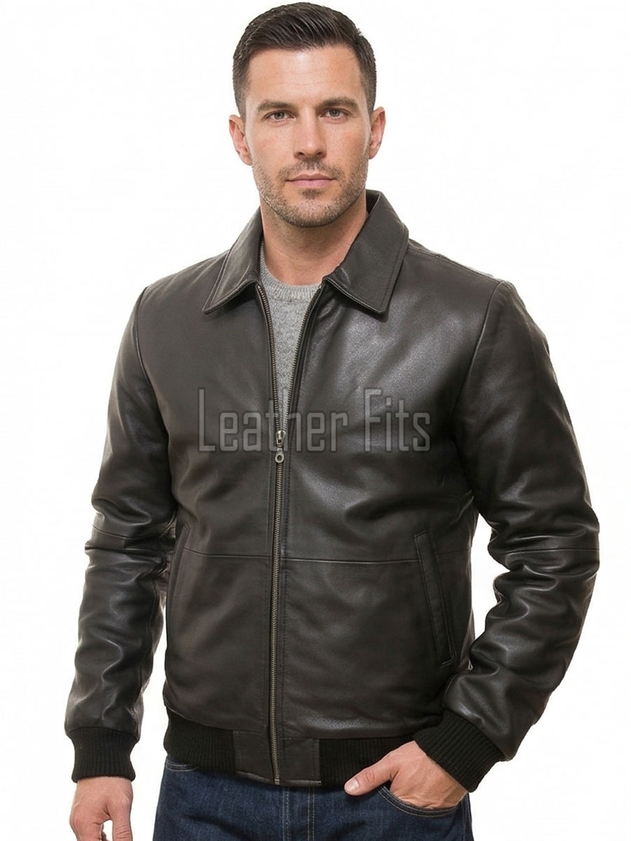 Men Black Premium Genuine Leather Jacket - Classic Shirt Collar Bomber Real Sheepskin Casual Flight Outerwear Elegant Minimalist Coat Men