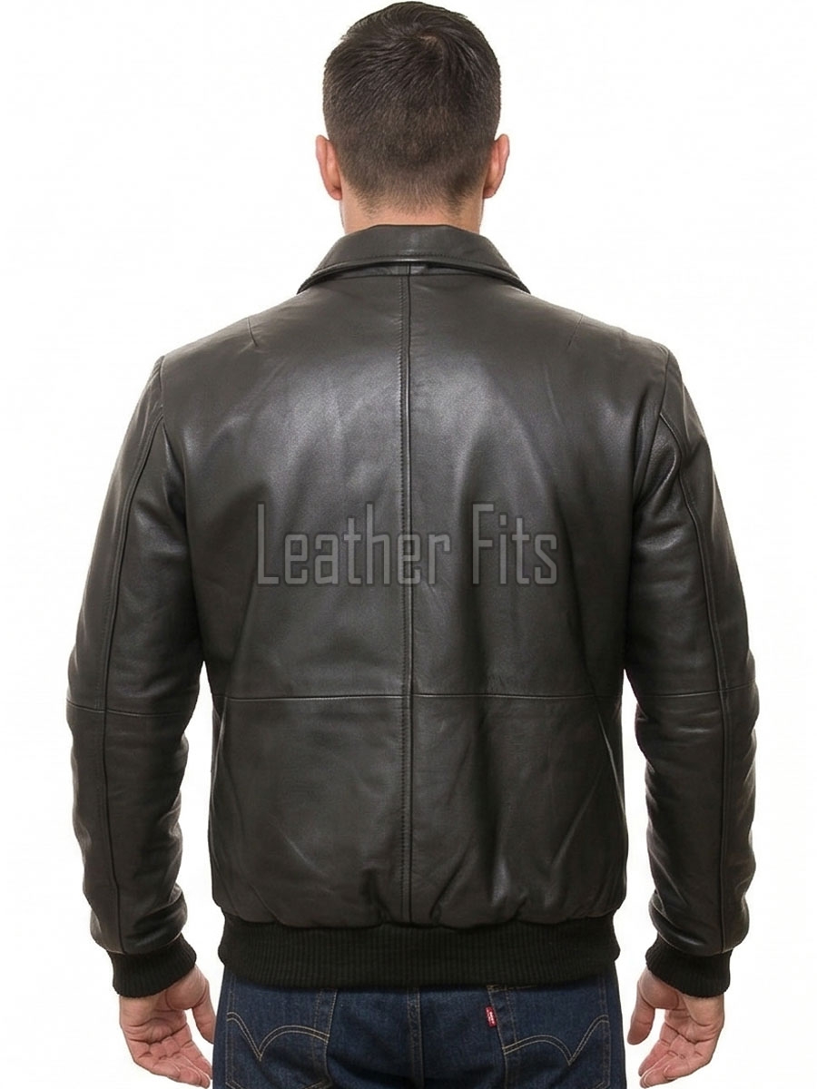 Men Black Premium Genuine Leather Jacket - Classic Shirt Collar Bomber Real Sheepskin Casual Flight Outerwear Elegant Minimalist Coat Men