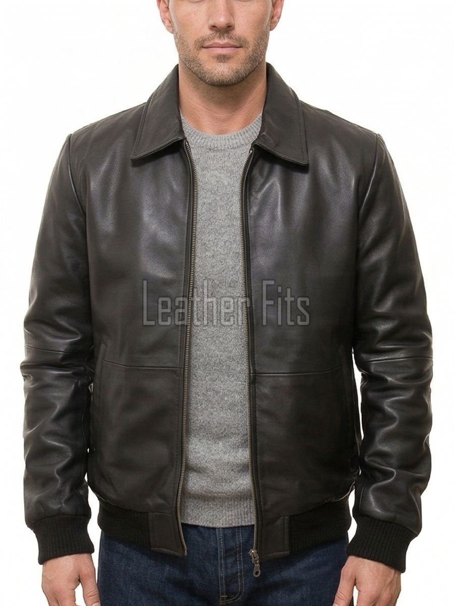 Men Black Premium Genuine Leather Jacket - Classic Shirt Collar Bomber Real Sheepskin Casual Flight Outerwear Elegant Minimalist Coat Men