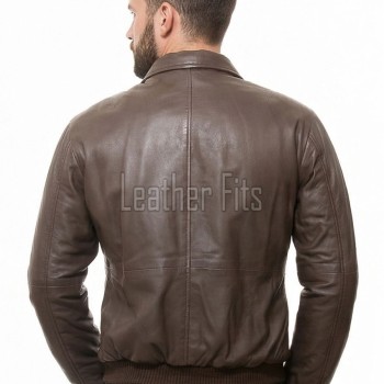 Men Brown Premium Genuine Leather Jacket - Classic Shirt Collar Bomber Real Sheepskin Casual Flight Outerwear Mid-Brown Elegant Coat Men