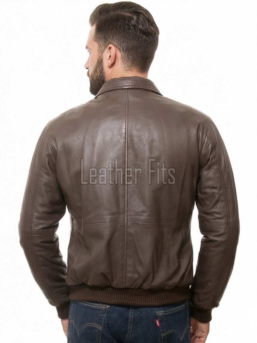 Men Brown Premium Genuine Leather Jacket - Classic Shirt Collar Bomber Real Sheepskin Casual Flight Outerwear Mid-Brown Elegant Coat Men