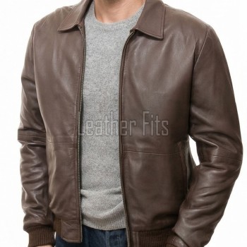 Men Brown Premium Genuine Leather Jacket - Classic Shirt Collar Bomber Real Sheepskin Casual Flight Outerwear Mid-Brown Elegant Coat Men