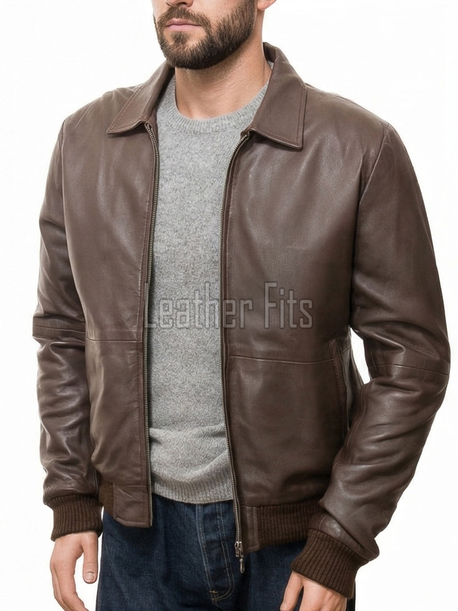 Men Brown Premium Genuine Leather Jacket - Classic Shirt Collar Bomber Real Sheepskin Casual Flight Outerwear Mid-Brown Elegant Coat Men
