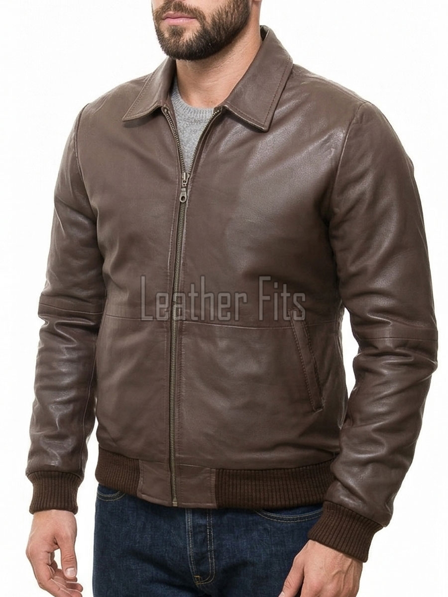 Men Brown Premium Genuine Leather Jacket - Classic Shirt Collar Bomber Real Sheepskin Casual Flight Outerwear Mid-Brown Elegant Coat Men