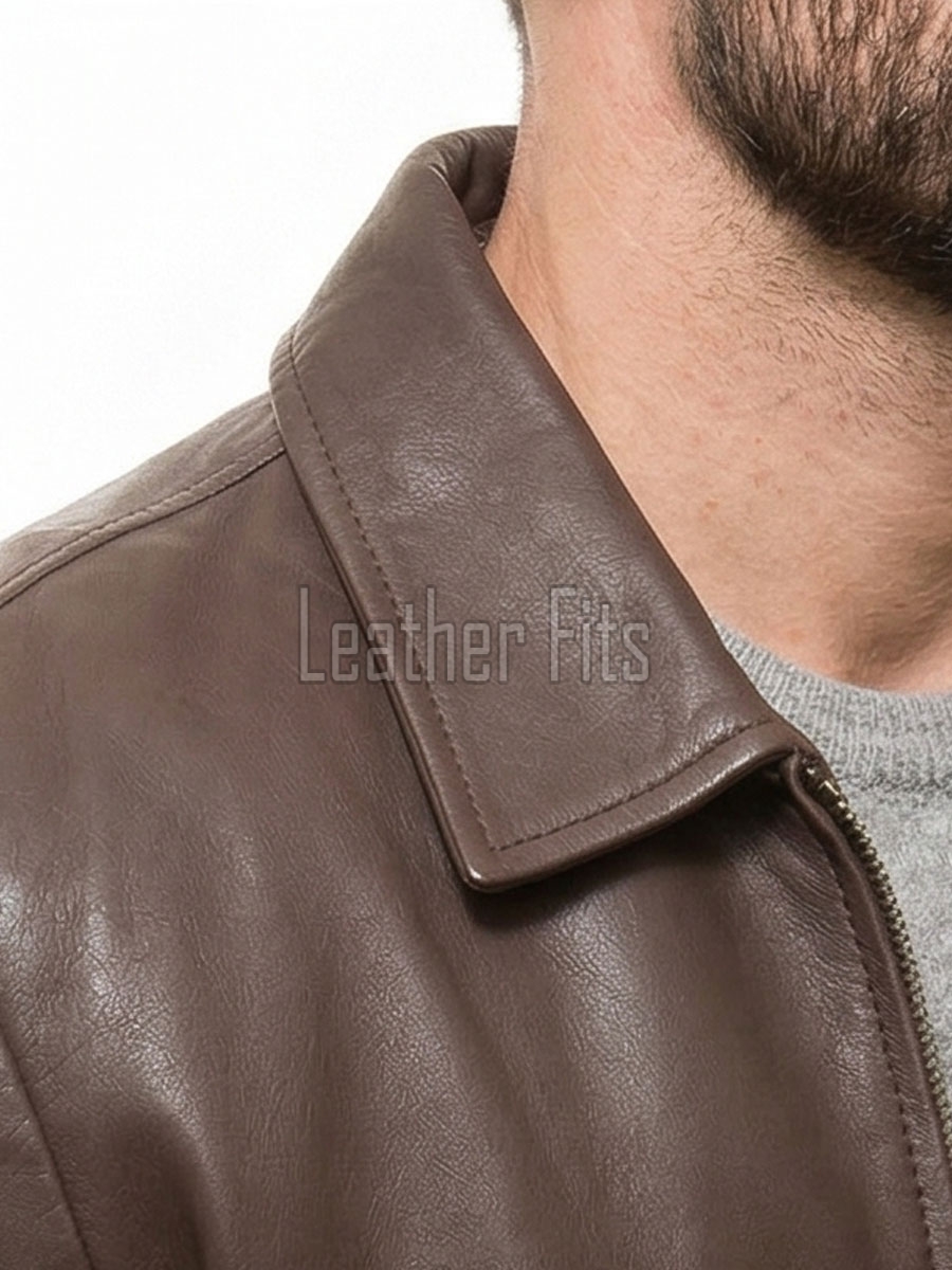 Men Brown Premium Genuine Leather Jacket - Classic Shirt Collar Bomber Real Sheepskin Casual Flight Outerwear Mid-Brown Elegant Coat Men