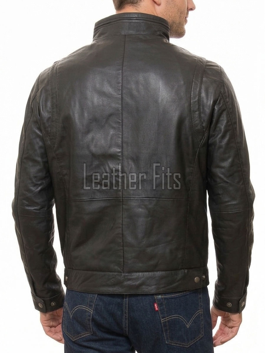 Men Dark Brown Premium Genuine Leather Jacket - Classic Cafe Racer Moto High Stand Collar Urban Sleek Road Stripped Real Sheepskin Coat Men