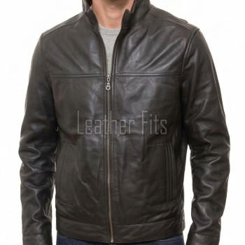 Men Dark Brown Premium Genuine Leather Jacket - Classic Cafe Racer Moto High Stand Collar Urban Sleek Road Stripped Real Sheepskin Coat Men