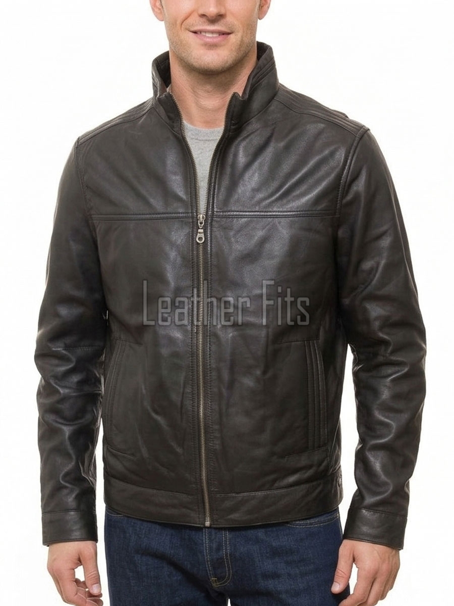 Men Dark Brown Premium Genuine Leather Jacket - Classic Cafe Racer Moto High Stand Collar Urban Sleek Road Stripped Real Sheepskin Coat Men