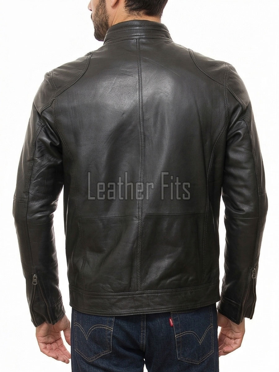 Men Black Premium Genuine Leather Jacket - Multi-Pocket Biker Moto Cafe Racer Snap Tab Collar Real Sheepskin Zipper Cuffs Outerwear Coat Men