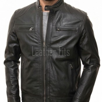 Men Black Premium Genuine Leather Jacket - Multi-Pocket Biker Moto Cafe Racer Snap Tab Collar Real Sheepskin Zipper Cuffs Outerwear Coat Men