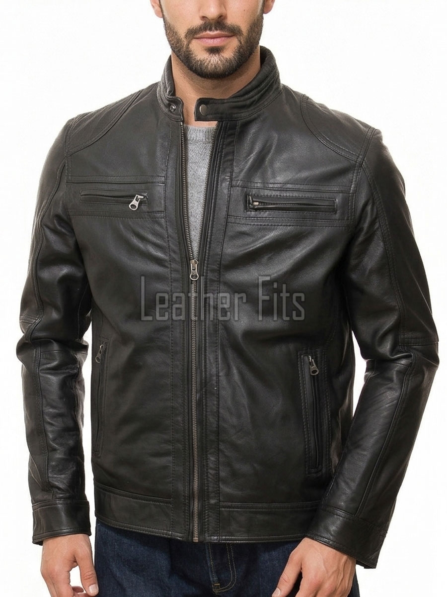 Men Black Premium Genuine Leather Jacket - Multi-Pocket Biker Moto Cafe Racer Snap Tab Collar Real Sheepskin Zipper Cuffs Outerwear Coat Men