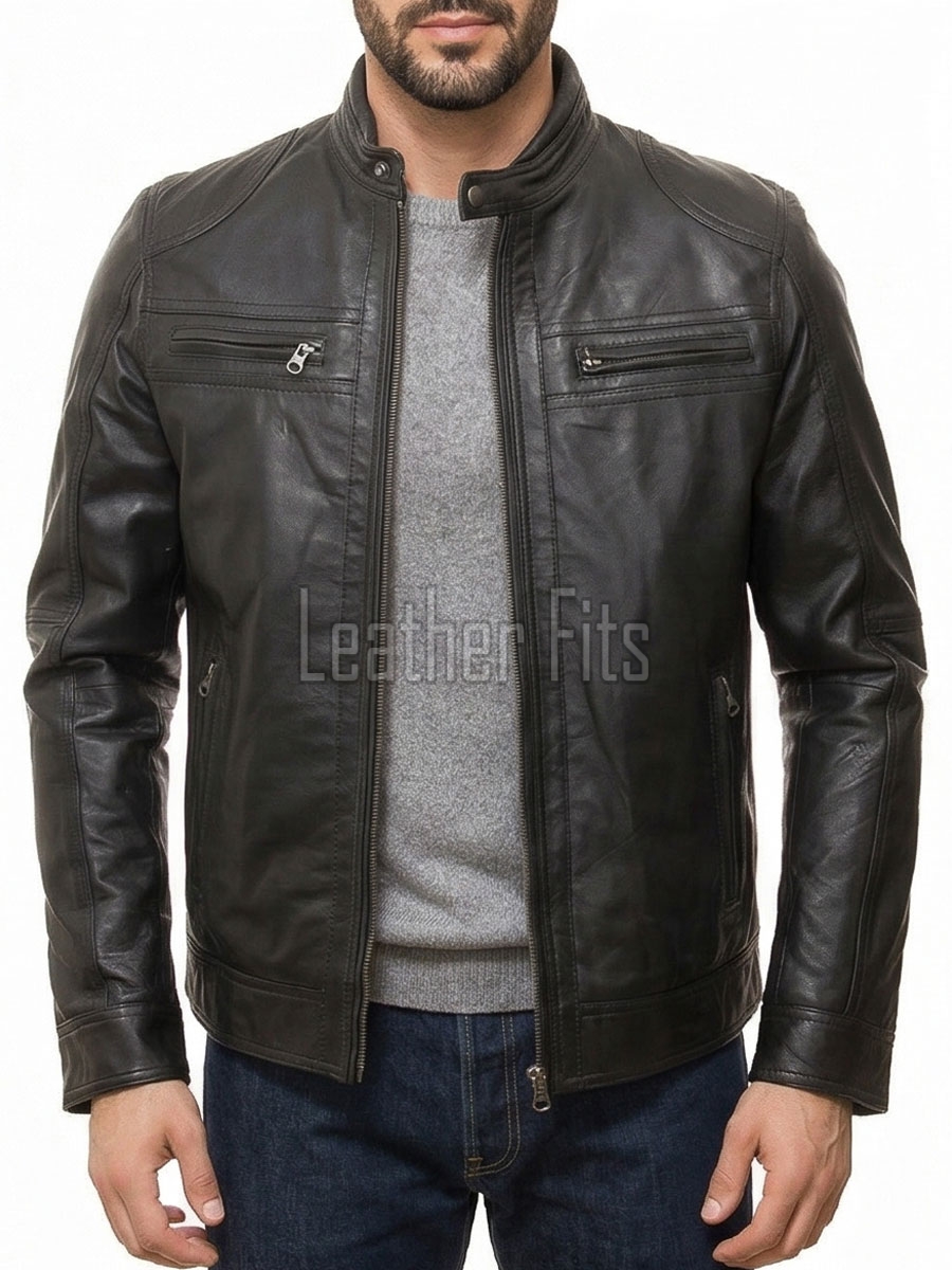 Men Black Premium Genuine Leather Jacket - Multi-Pocket Biker Moto Cafe Racer Snap Tab Collar Real Sheepskin Zipper Cuffs Outerwear Coat Men