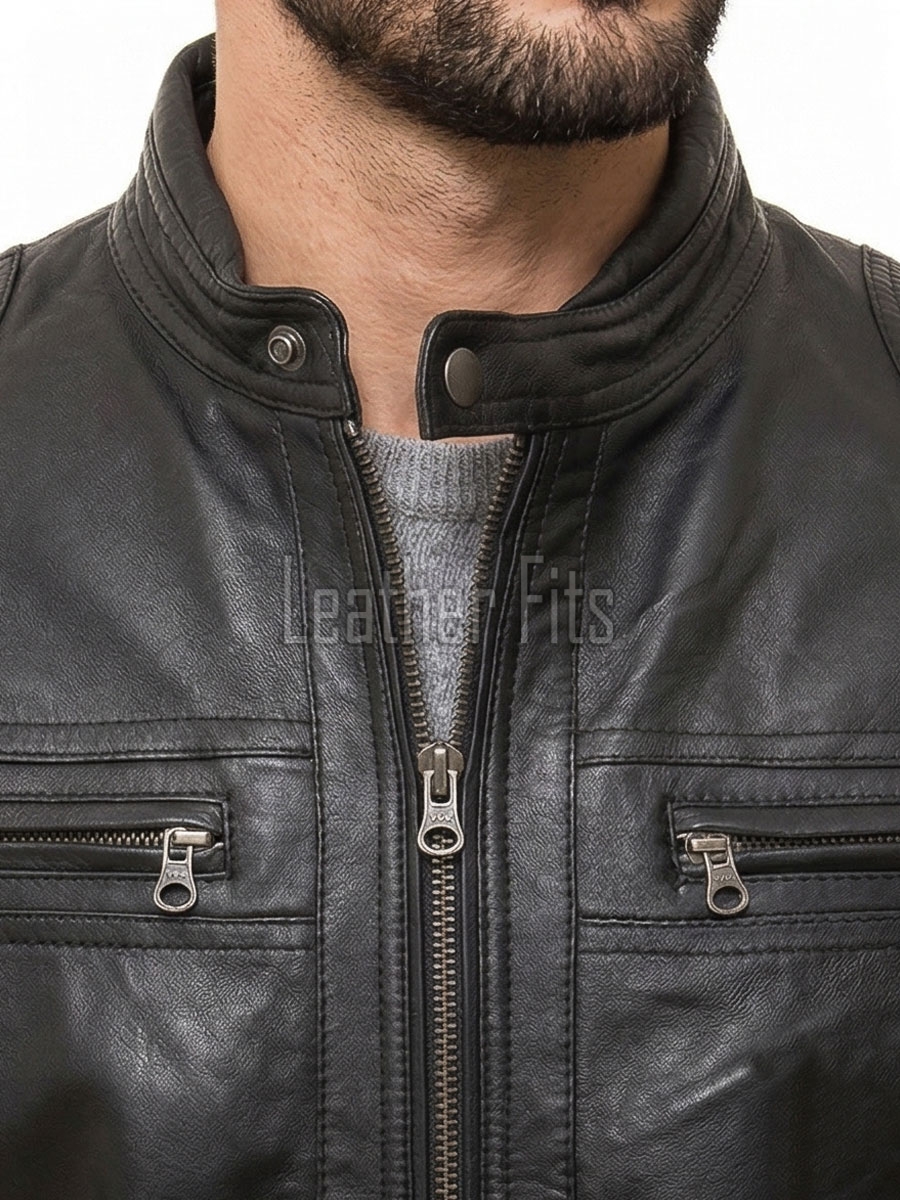 Men Black Premium Genuine Leather Jacket - Multi-Pocket Biker Moto Cafe Racer Snap Tab Collar Real Sheepskin Zipper Cuffs Outerwear Coat Men