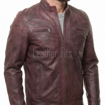 Men Maroon Distressed Premium Genuine Leather Jacket - Vintage Biker Moto Cafe Racer Multi-Pocket Snap Tab Collar Real Sheepskin Coat Men