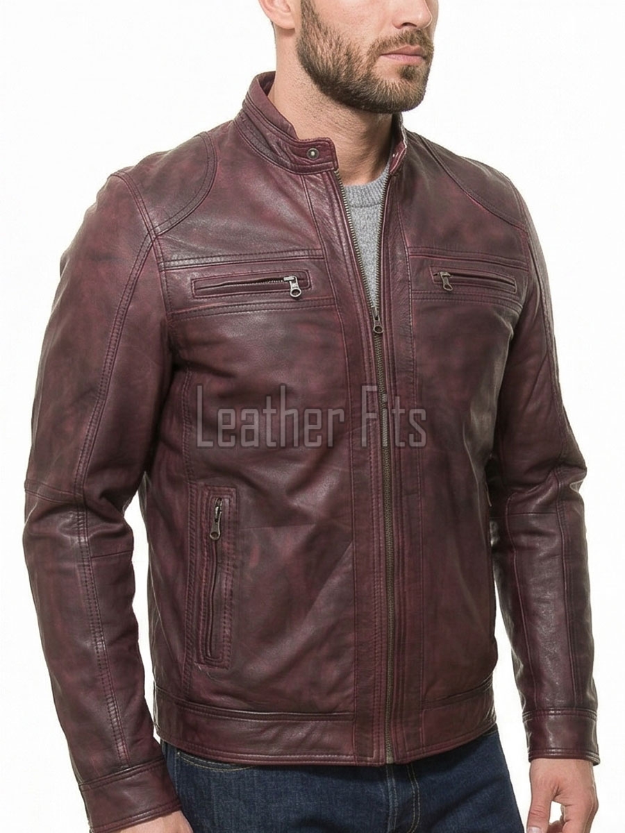 Men Maroon Distressed Premium Genuine Leather Jacket - Vintage Biker Moto Cafe Racer Multi-Pocket Snap Tab Collar Real Sheepskin Coat Men