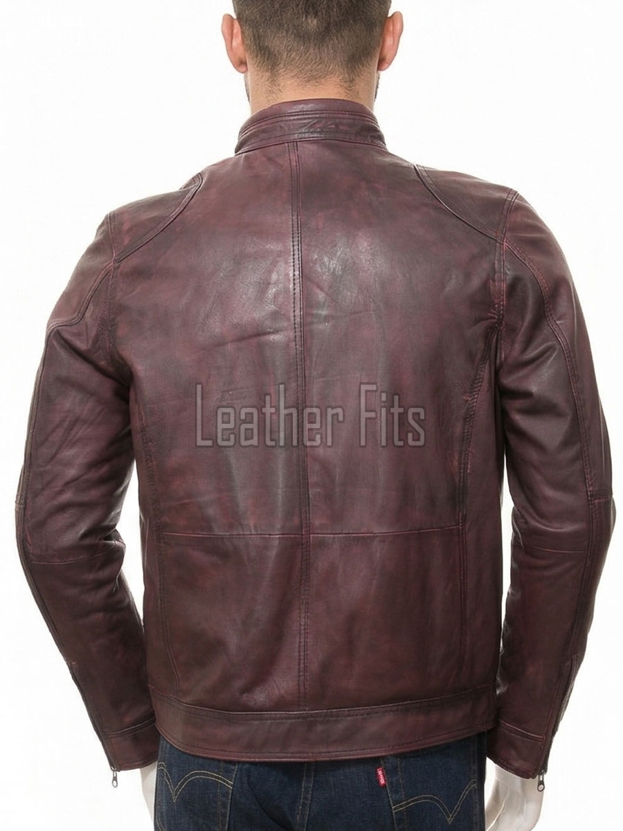 Men Maroon Distressed Premium Genuine Leather Jacket - Vintage Biker Moto Cafe Racer Multi-Pocket Snap Tab Collar Real Sheepskin Coat Men