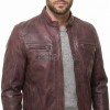 Men Maroon Distressed Premium Genuine Leather Jacket - Vintage Biker Moto Cafe Racer Multi-Pocket Snap Tab Collar Real Sheepskin Coat Men